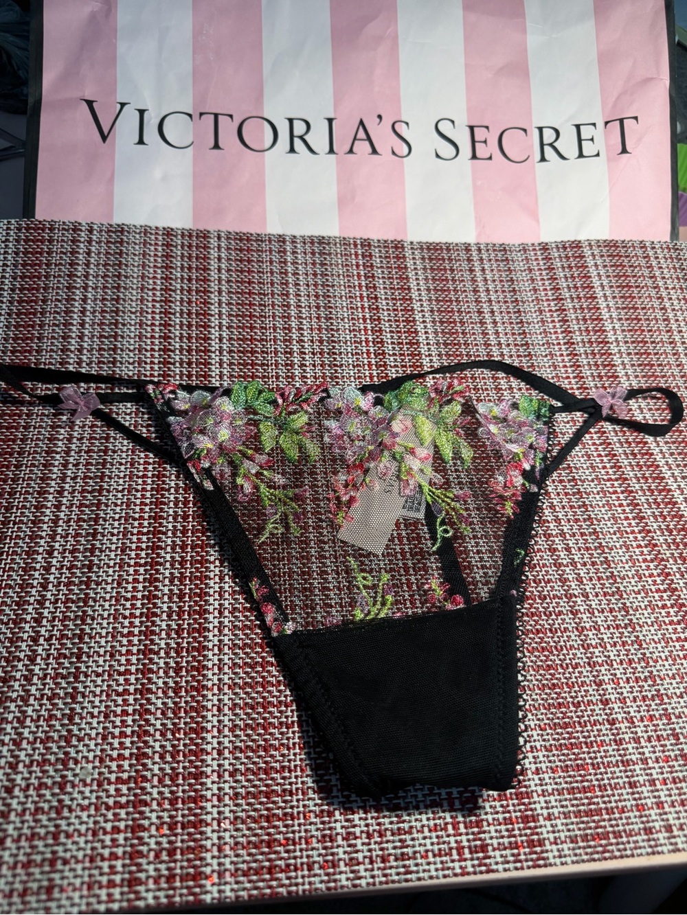 Victoria's Secret Black Sheer Floral Embroidered Thong